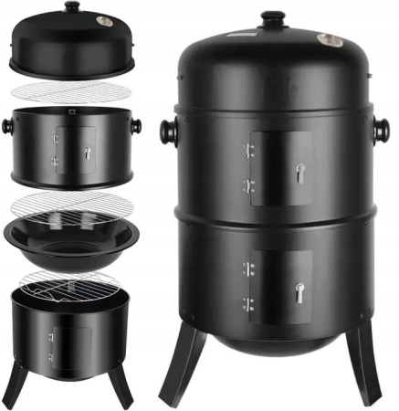 Gratar metalic carbuni inchis 3 nivele cu capac si termometru, cos fum reglabil, recipient apa, 80x44x38 cm [7]