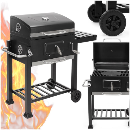 Gratar pe carbuni cu raft lateral pliabil, suport reglabil pentru carbuni, termometru, 114x52x106 cm, negru [4]