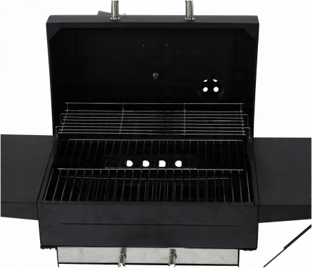 Gratar pe carbuni pentru gradina cu capac, termometru si rafturi laterale, din otel si fonta, 51x34 cm, negru [6]