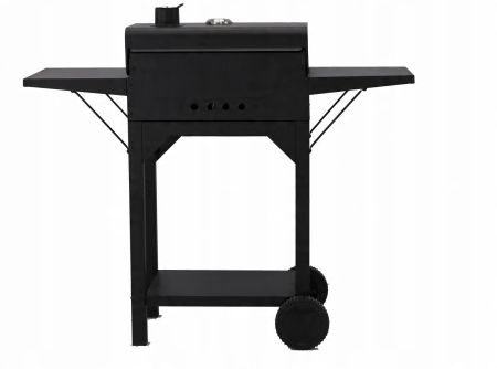 Gratar pe carbuni pentru gradina cu capac, termometru si rafturi laterale, din otel si fonta, 51x34 cm, negru [4]