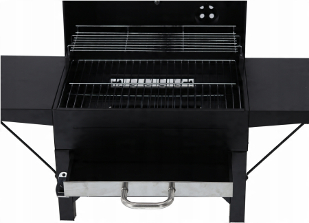 Gratar pe carbuni pentru gradina cu capac, termometru si rafturi laterale, din otel si fonta, 51x34 cm, negru [7]