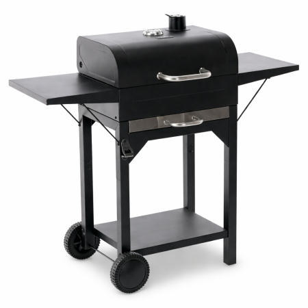 Gradina & balcon - Gratar pe carbuni pentru gradina cu capac, termometru si rafturi laterale, din otel si fonta, 51x34 cm, negru