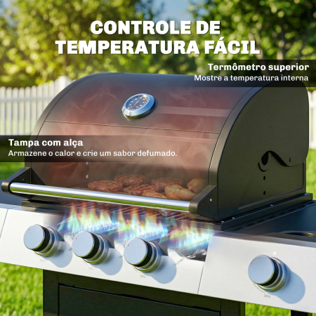  Gratar pe Gaz, 3 Arzatoare, Arzator Lateral, Gratare din Fonta, Rafturi Laterale Incluse. [5]