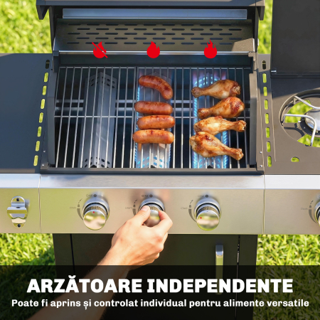  Gratar pe Gaz, 3 Arzatoare, Arzator Lateral, Gratare din Fonta, Rafturi Laterale Incluse. [4]