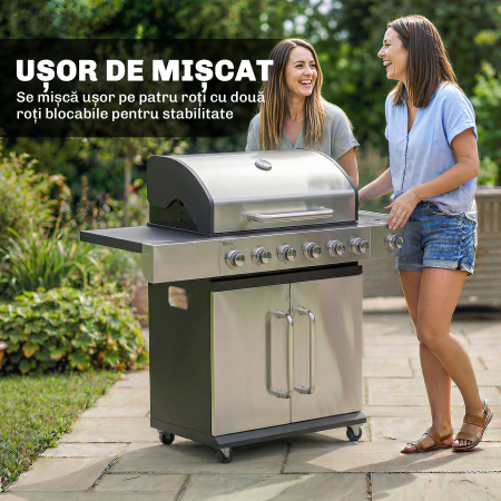  Gratar pe Gaz, 6 Arzatoare, Arzator Lateral, Grilaj din Fonta, Dulap Inclus [7]