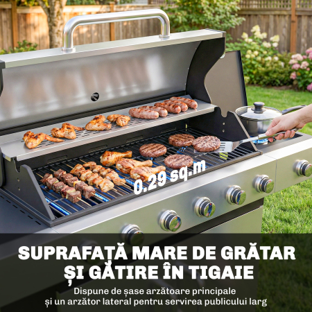  Gratar pe Gaz, 6 Arzatoare, Arzator Lateral, Grilaj din Fonta, Dulap Inclus [3]