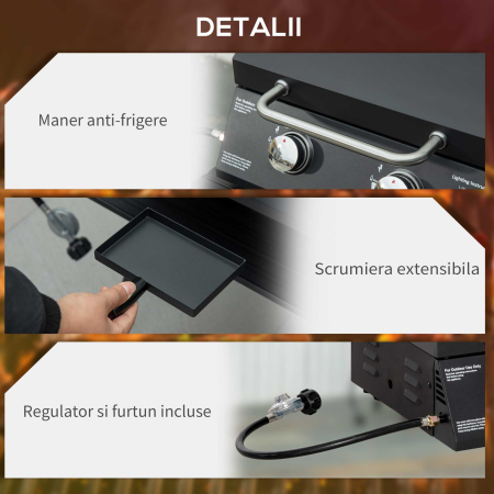  gratar pe gaz cu 2 arzatoare pentru exterior, portabil pliabil, gratar cu capac, termometru, otel carbon, Negru [6]
