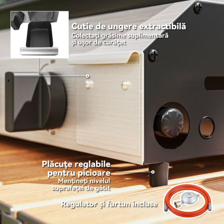  Gratar pe Gaz cu 4 Arzatoare, Picioare Reglabile si Tava de Colectare a Grasimii, 77x44.5x19 cm, Argintiu [6]