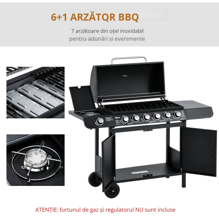 Gratar pe Gaz cu Capac, 7 Arzatoare de 20 kW in total si Arzator Lateral, Termometru, Raft si 2 Roti, 135x50x100cm Negru [6]