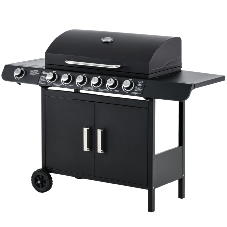 Gradina & balcon -  Gratar pe Gaz cu Capac, 7 Arzatoare de 20 kW in total si Arzator Lateral, Termometru, Raft si 2 Roti, 135x50x100cm Negru