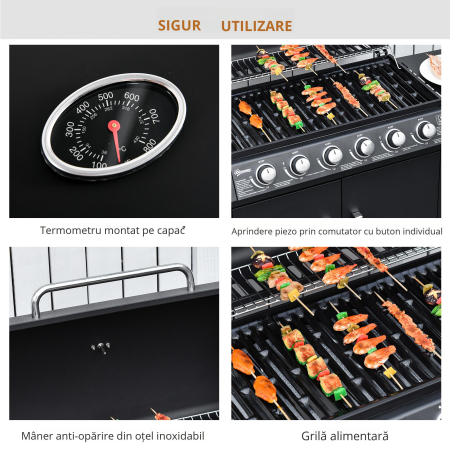  Gratar pe Gaz cu Capac, 7 Arzatoare de 20 kW in total si Arzator Lateral, Termometru, Raft si 2 Roti, 135x50x100cm Negru [5]