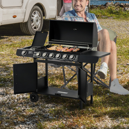  Gratar pe Gaz cu Capac, 7 Arzatoare de 20 kW in total si Arzator Lateral, Termometru, Raft si 2 Roti, 135x50x100cm Negru [1]