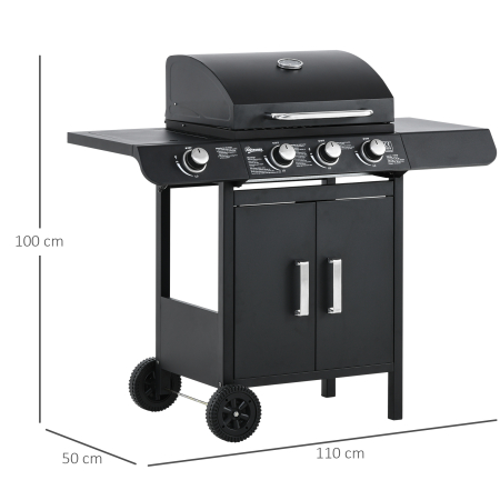  Gratar pe gaz cu Capac si Termometru, Raft si 2 Roti, 110x50x100cm Negru [2]