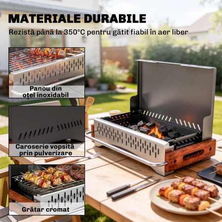  Gratar Portabil cu Carbune, Tava Detasabila, din Otel Inoxidabil si Metal, 50,5x34x33 cm, Negru [5]