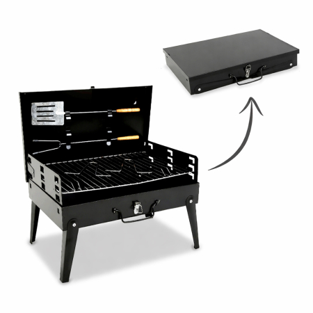 Gratar portabil pliabil tip valiza pentru camping, cu accesorii de gratar incluse, 45x30x30 cm [1]