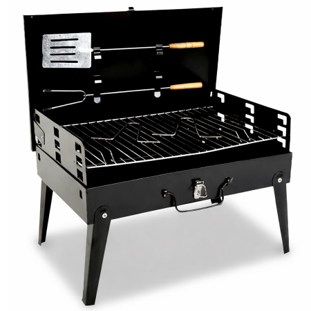Gradina & balcon - Gratar portabil pliabil tip valiza pentru camping, cu accesorii de gratar incluse, 45x30x30 cm
