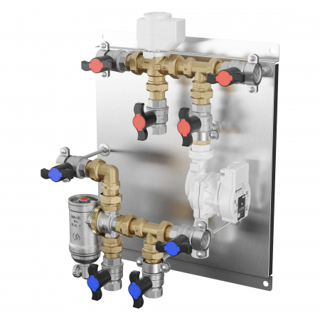 Incalzire in pardoseala - Grup de distributie Giacomini R586HPIY005 pentru pompa de caldura, cu vana deviatoare standard (40 sec), separator magnetic, conexiuni G 1”F