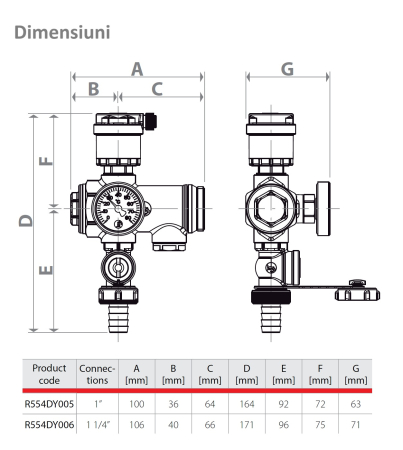 Grup intermediar Giacomini R554DY005, pentru distribuitor incalzire/racire, cu aerisitor automat, robinet de golire si termometru [2]
