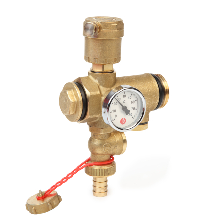 Incalzire in pardoseala - Grup intermediar Giacomini R554DY005, pentru distribuitor incalzire/racire, cu aerisitor automat, robinet de golire si termometru