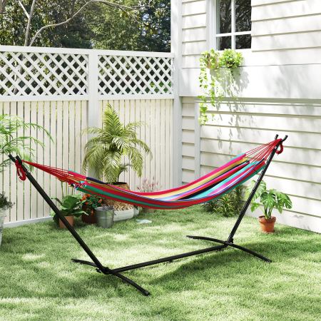  Hamac cu Suport 310x117cm pentru Camping cu inaltime Reglabila si Geanta de Transport, Capacitate 120 kg, Dungi Portocaliu si Rosu [8]