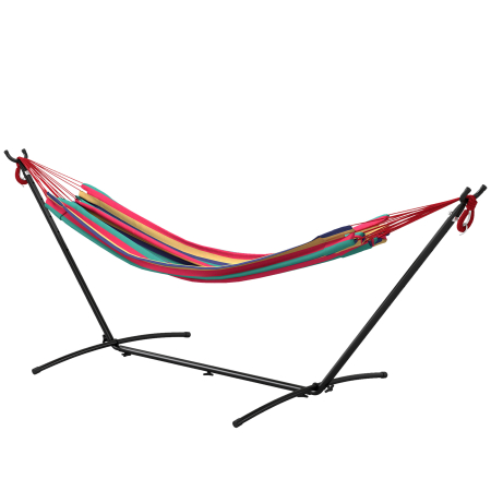 Mobilier gradina si terasa -  Hamac cu Suport 310x117cm pentru Camping cu inaltime Reglabila si Geanta de Transport, Capacitate 120 kg, Dungi Portocaliu si Rosu