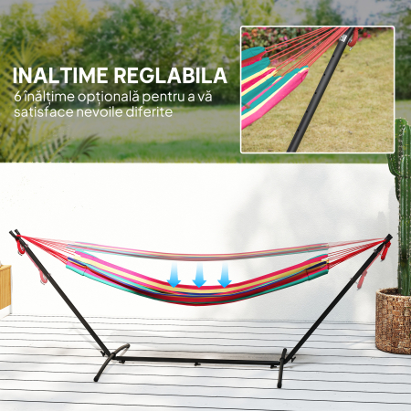  Hamac cu Suport 310x117cm pentru Camping cu inaltime Reglabila si Geanta de Transport, Capacitate 120 kg, Dungi Portocaliu si Rosu [3]