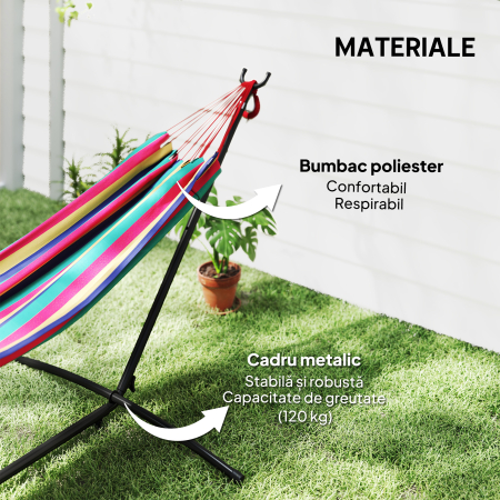  Hamac cu Suport 310x117cm pentru Camping cu inaltime Reglabila si Geanta de Transport, Capacitate 120 kg, Dungi Portocaliu si Rosu [4]