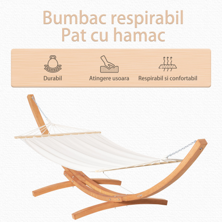 Hamac  cu Suport din Lemn si Bumbac, Hamac de Gradina pentru alte Spatii Exterioare, 392x120x102cm, Alb [3]