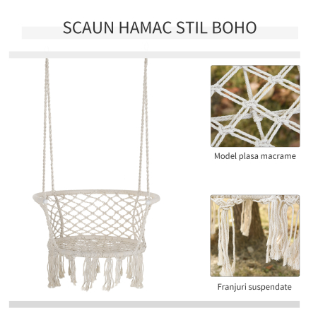  Hamac de gradina Boho Chic Scaun Suspendat pentru Interior si Exterior Crem [3]