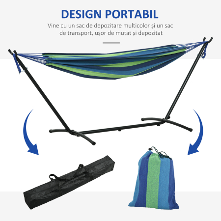 Hamac de Gradina Suspendat 310x117 cm cu inaltime Reglabila si Suport, Capacitate 120 kg, Hamac Autoportant cu Geanta de Transport, pentru Camping, Gradina, Balcon, Patio, Verde si Albastru [5]