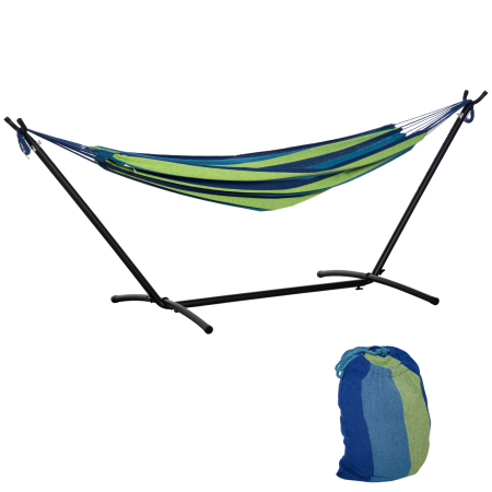 Gradina & balcon -  Hamac de Gradina Suspendat 310x117 cm cu inaltime Reglabila si Suport, Capacitate 120 kg, Hamac Autoportant cu Geanta de Transport, pentru Camping, Gradina, Balcon, Patio, Verde si Albastru