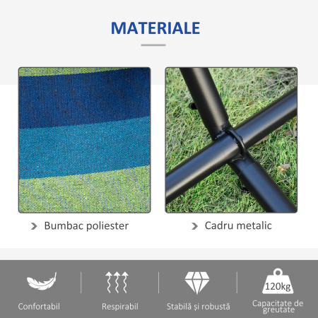  Hamac de Gradina Suspendat 310x117 cm cu inaltime Reglabila si Suport, Capacitate 120 kg, Hamac Autoportant cu Geanta de Transport, pentru Camping, Gradina, Balcon, Patio, Verde si Albastru [4]
