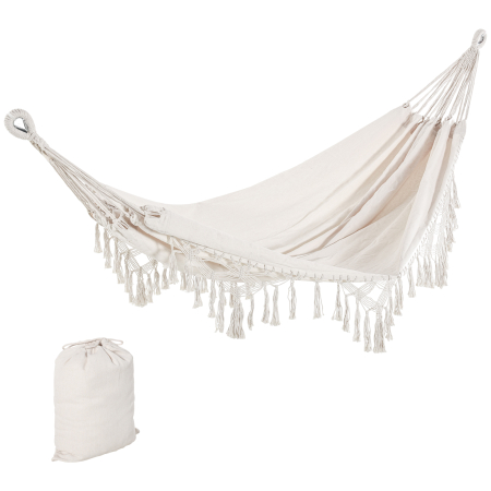 Mobilier gradina si terasa -  Hamac de Gradina Suspendat din Panza cu Franjuri si Geanta de Transport, 288x150 cm, Crem