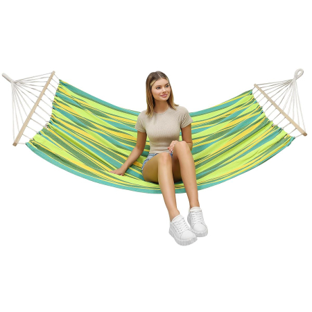 Hamac dublu cu bare din lemn, pentru 2 persoane, bumbac, 150kg, 200x150 cm, verde si galben [4]