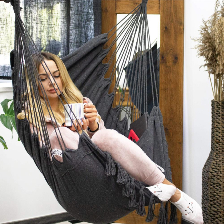 Hamac tip leagan suspendat pentru casa sau gradina, cu perne, 130x100cm, 150kg, gri inchis [10]