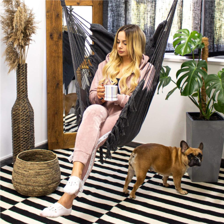 Hamac tip leagan suspendat pentru casa sau gradina, cu perne, 130x100cm, 150kg, gri inchis [6]