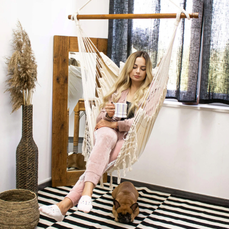 Hamac tip leagan suspendat pentru casa sau gradina HM22, crem cu perne, 130x100cm, 150kg [8]