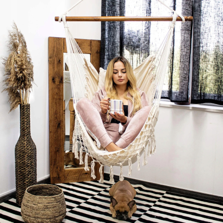 Hamac tip leagan suspendat pentru casa sau gradina HM22, crem cu perne, 130x100cm, 150kg [7]