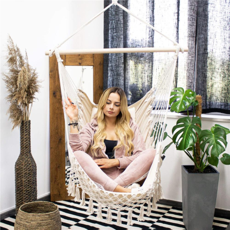 Hamac tip leagan suspendat pentru casa sau gradina HM40, crem, cu perne, 130x100cm, 150kg [6]