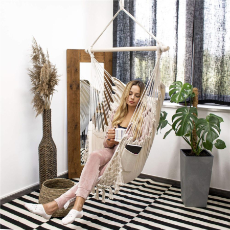 Hamac tip leagan suspendat pentru casa sau gradina HM40, crem, cu perne, 130x100cm, 150kg [4]