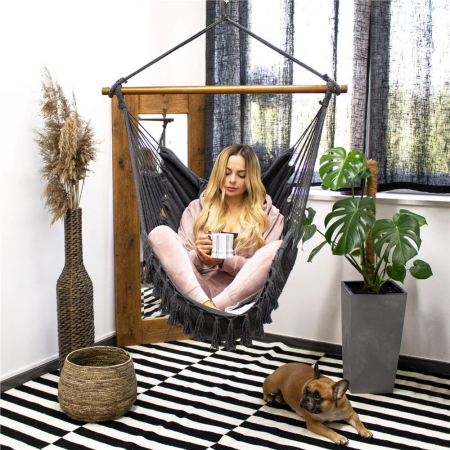 Hamac tip leagan suspendat pentru casa sau gradina HM45, gri inchis cu perne, 130x100cm, 150kg [4]