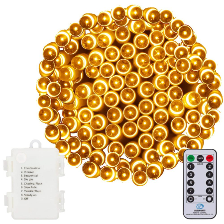 Instalatii luminoase brad - Instalatie lumini de exterior pentru gradina, 10.5 metri, 100 LED-uri, cu baterii, galben
