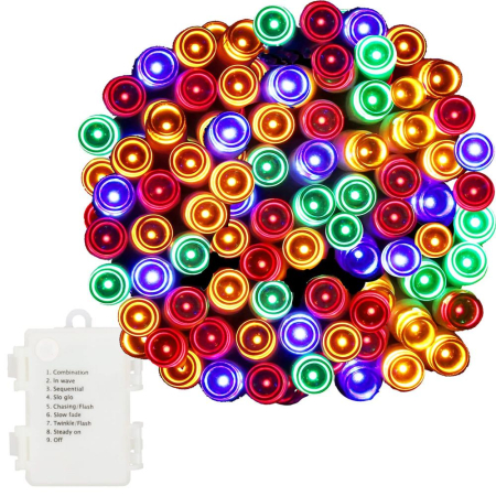 Instalatii luminoase brad - Instalatie lumini de exterior pentru gradina, 10.5 metri, 100 LED-uri, cu baterii, multicolor
