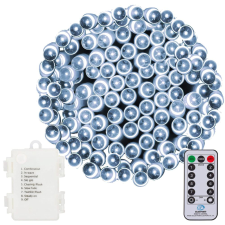 Instalatii luminoase brad - Instalatie lumini de exterior pentru gradina, 9 metri, 120 LED-uri, cu baterii, alb