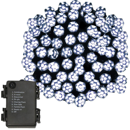 Instalatii luminoase brad - Instalatie lumini de exterior pentru gradina, 9 metri, 120 LED-uri forma cristal, cu baterii, alb