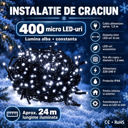 Instalatie lumini pentru bradul de Craciun, 25,5 metri, 400 LED-uri, alb [11]