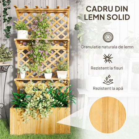  Jardiniera cu Spalier pentru Plante Cataratoare, Orificii de Drenaj si 2 Rafturi, din Lemn de Molid, 76x33x177 cm [6]
