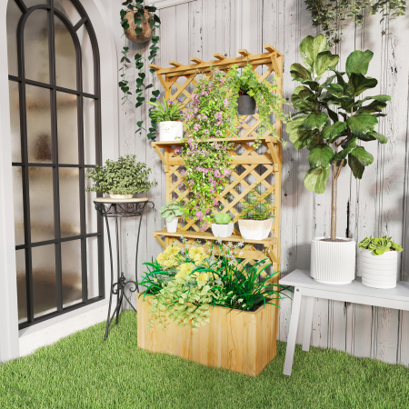  Jardiniera cu Spalier pentru Plante Cataratoare, Orificii de Drenaj si 2 Rafturi, din Lemn de Molid, 76x33x177 cm [1]