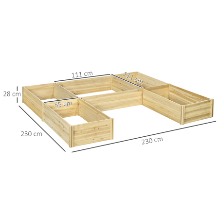  Jardiniera de Exterior 5 Piese modulare cu Fund Deschis din Lemn de Brad pentru Plante, Flori si Legume 230x230x28 cm, culoare Lemn natur [2]