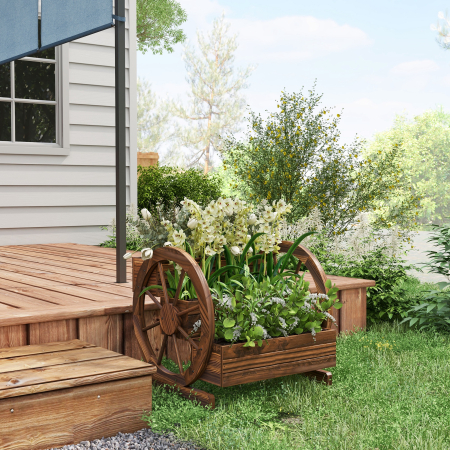  Jardiniera de Exterior cu 3 Niveluri, cu Roti Decorative din Lemn de Brad Carbonizat, 62x61x57 cm [6]